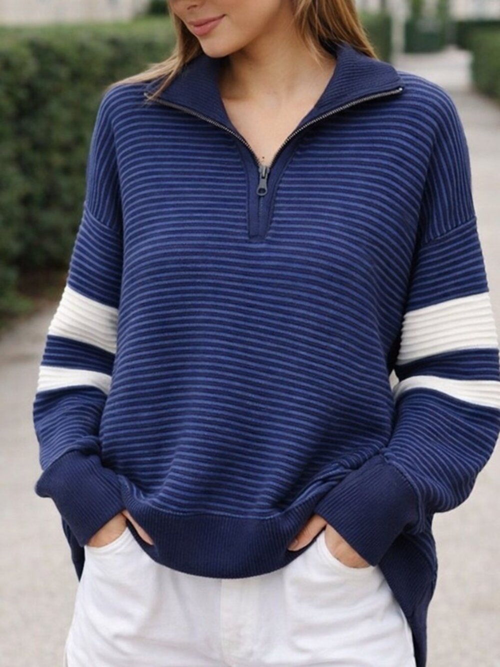 Offline by Aerie Navy Blue Stripe Quarter Zip Pullover Sweatshirt NWT - Size M